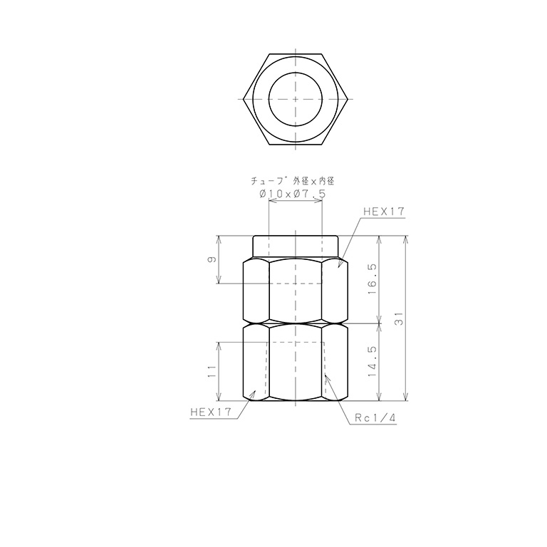 Đầu Ngạnh Nối Ống Có Đai Ốc Xiết Dạng Thẳng Thân Lục Giác Ren Trong Pisco NSCF1075-02_drawing