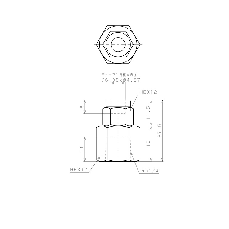 Đầu Ngạnh Nối Ống Có Đai Ốc Xiết Dạng Thẳng Thân Lục Giác Ren Trong Pisco NSCF1/4-02_drawing