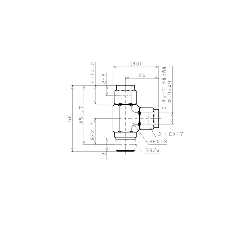 Đầu Ngạnh Nối Ống Có Đai Ốc Xiết Dạng Chữ T Ren Ngoài Pisco NSD1080-03-TP_drawing