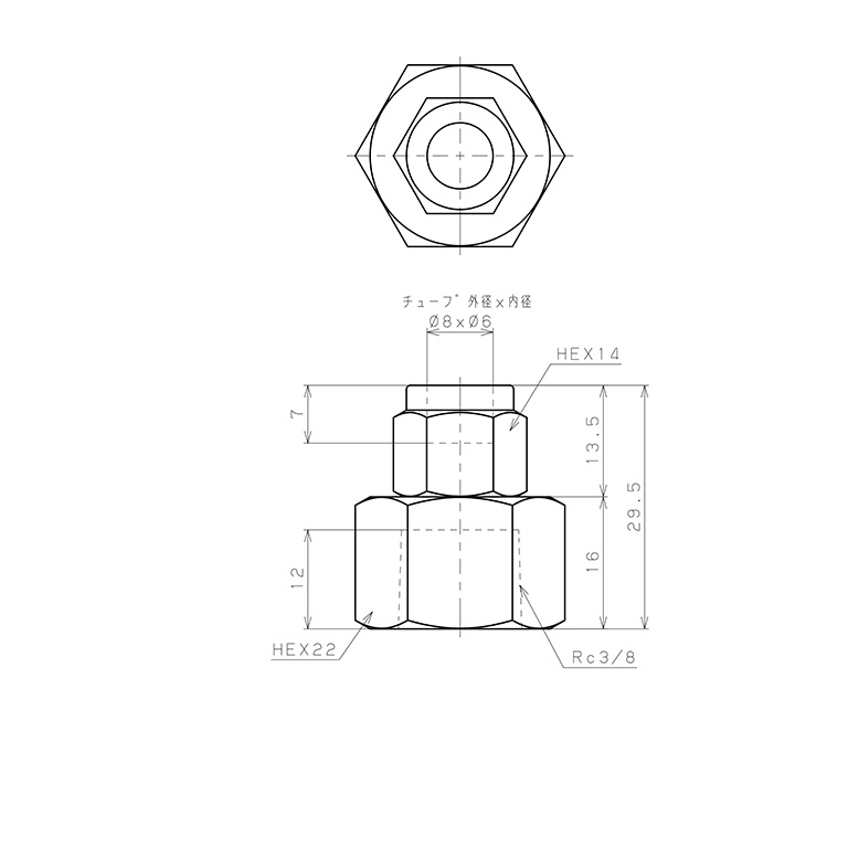 Đầu Ngạnh Nối Ống Có Đai Ốc Xiết Dạng Thẳng Thân Lục Giác Ren Trong Pisco NSCF0860-03_drawing