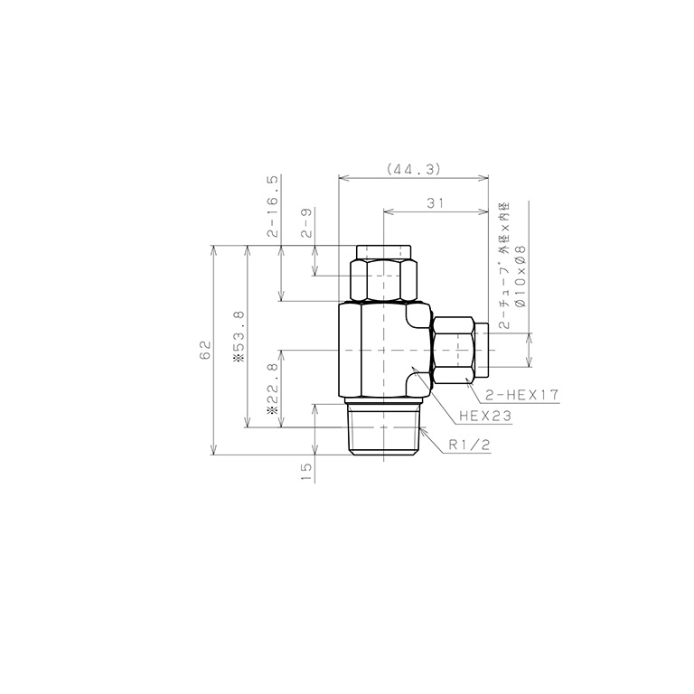 Đầu Ngạnh Nối Ống Có Đai Ốc Xiết Dạng Chữ T Ren Ngoài Pisco NSD1080-04_drawing