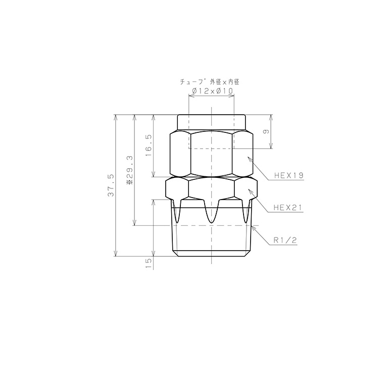 Đầu Ngạnh Nối Ống Có Đai Ốc Xiết Dạng Thẳng Thân Lục Giác Ren Ngoài Pisco NSC1210-04_drawing