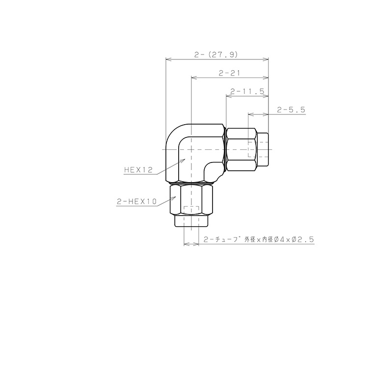 Đầu Ngạnh Nối Ống Có Đai Ốc Xiết Dạng Cong 90° Pisco NSV0425_drawing