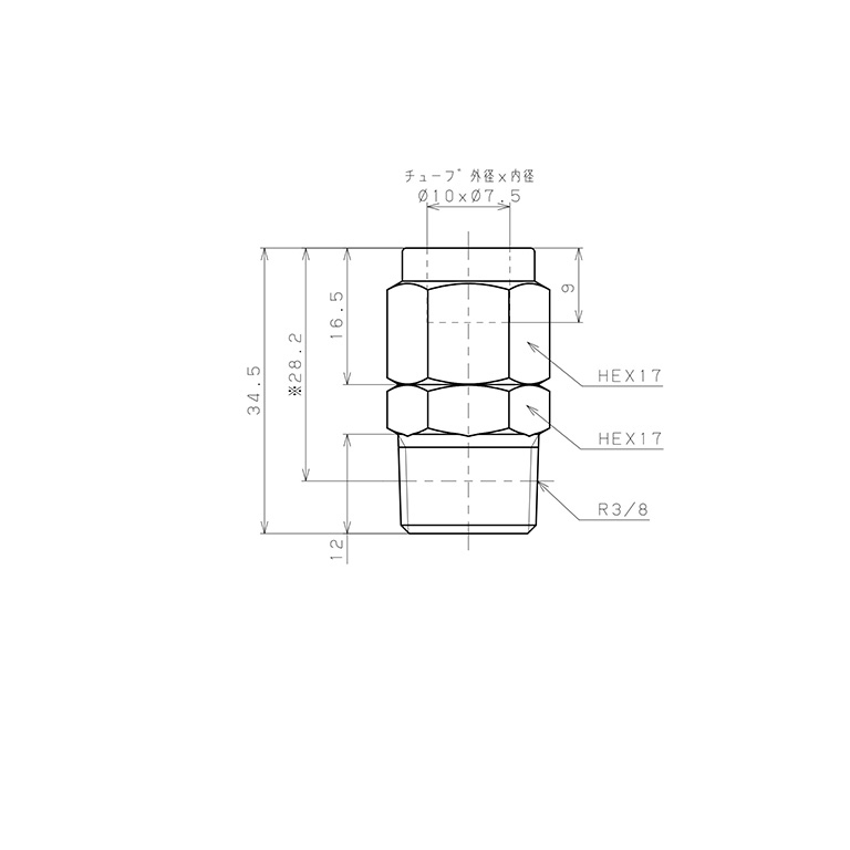 Đầu Ngạnh Nối Ống Có Đai Ốc Xiết Dạng Thẳng Thân Lục Giác Ren Ngoài Pisco NSC1075-03-TP_drawing