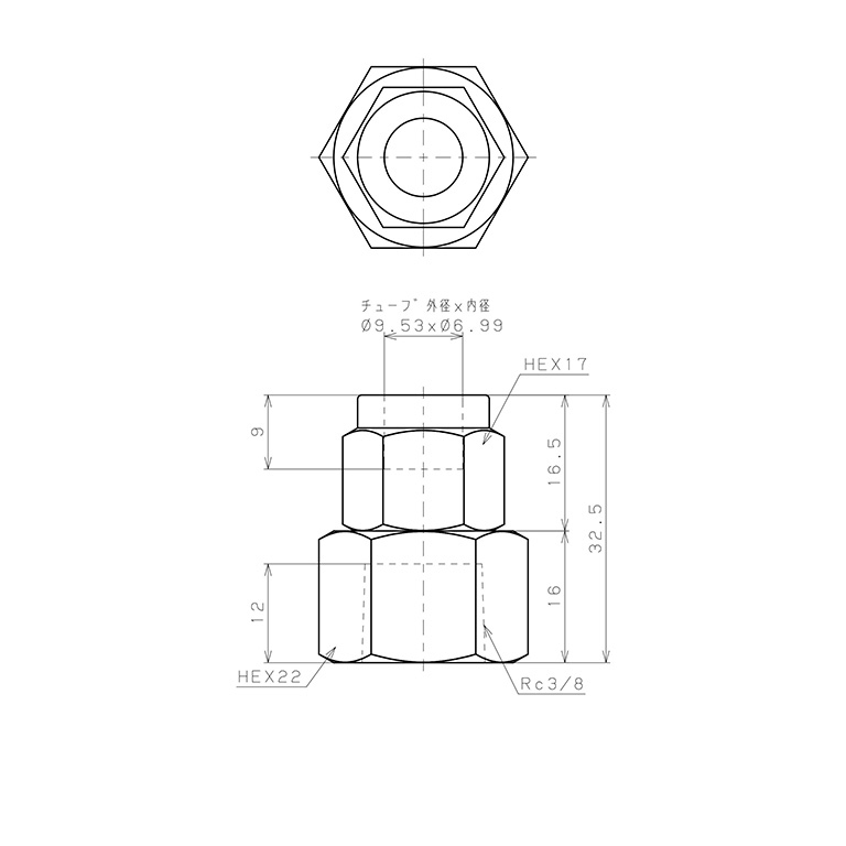 Đầu Ngạnh Nối Ống Có Đai Ốc Xiết Dạng Thẳng Thân Lục Giác Ren Trong Pisco NSCF3/8-03_drawing