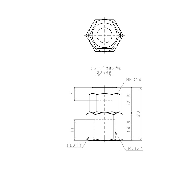 Đầu Ngạnh Nối Ống Có Đai Ốc Xiết Dạng Thẳng Thân Lục Giác Ren Trong Pisco NSCF0860-02_drawing