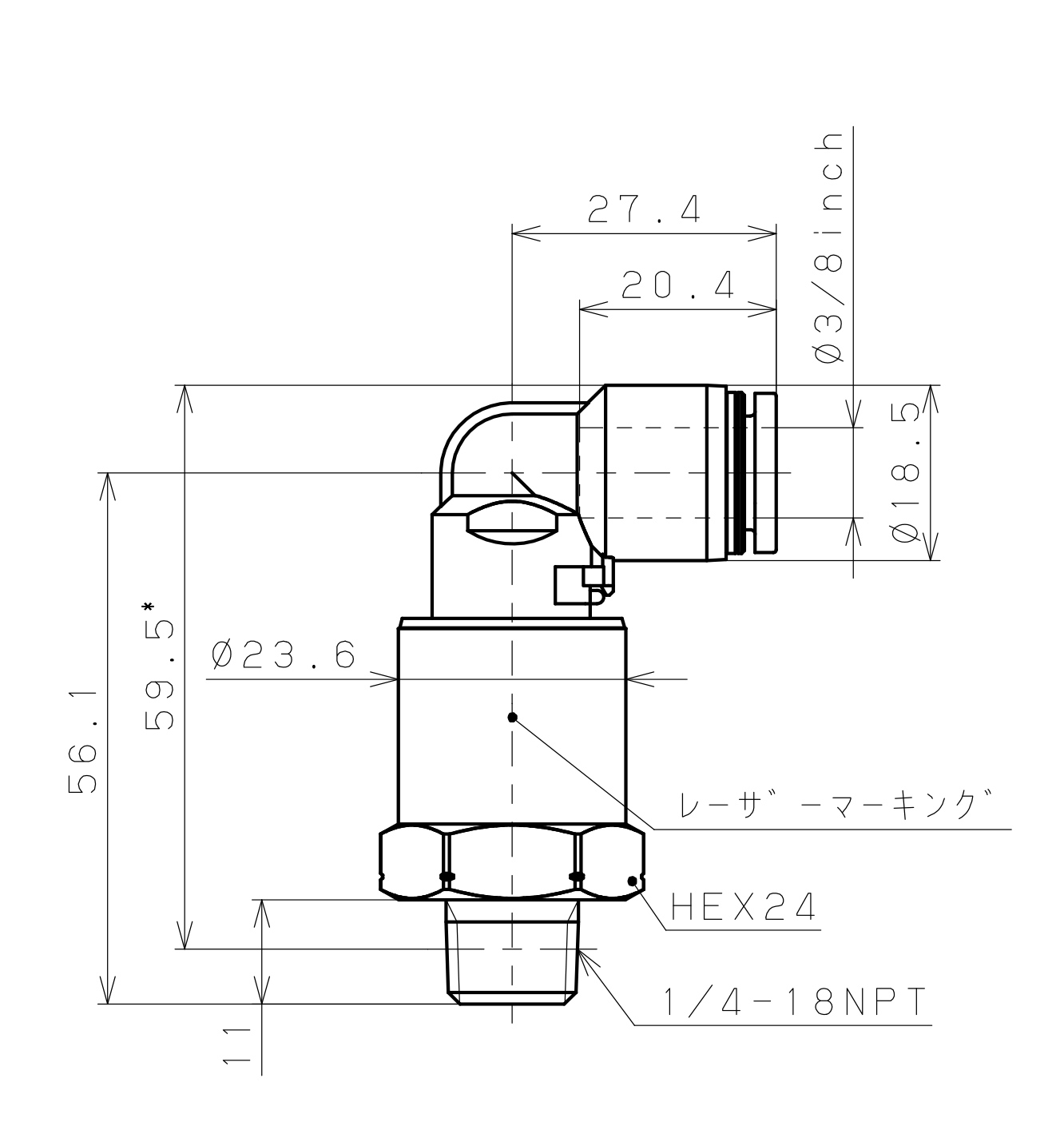 Đầu Nối Nhanh Khí Nén Dạng Cong 90° Ren Ngoài Có Khớp Xoay Pisco RAL3/8-N2SUS_drawing