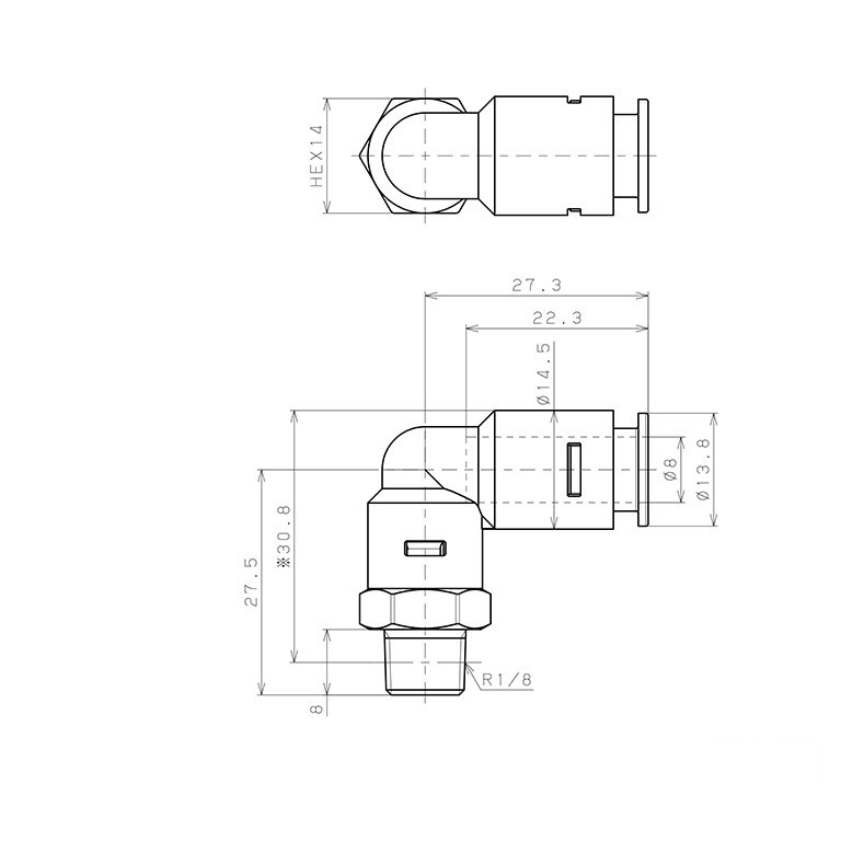 Đầu Nối Nhanh Khí Nén Dạng Cong 90° Ren Ngoài Pisco APL8-01_drawing