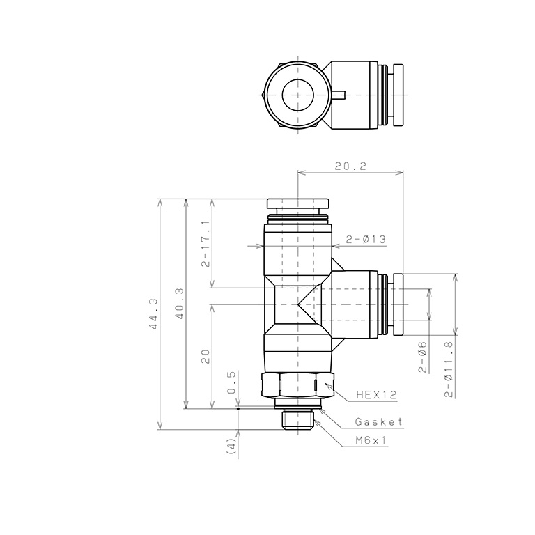 Đầu Nối Nhanh Khí Nén Dạng Chữ T Ren Ngoài Pisco PD6-M6SUS_drawing