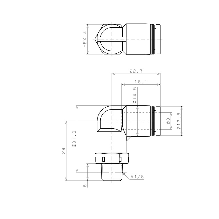 Đầu Nối Nhanh Khí Nén Dạng Cong 90° Ren Ngoài Pisco PL8-01SUS_drawing