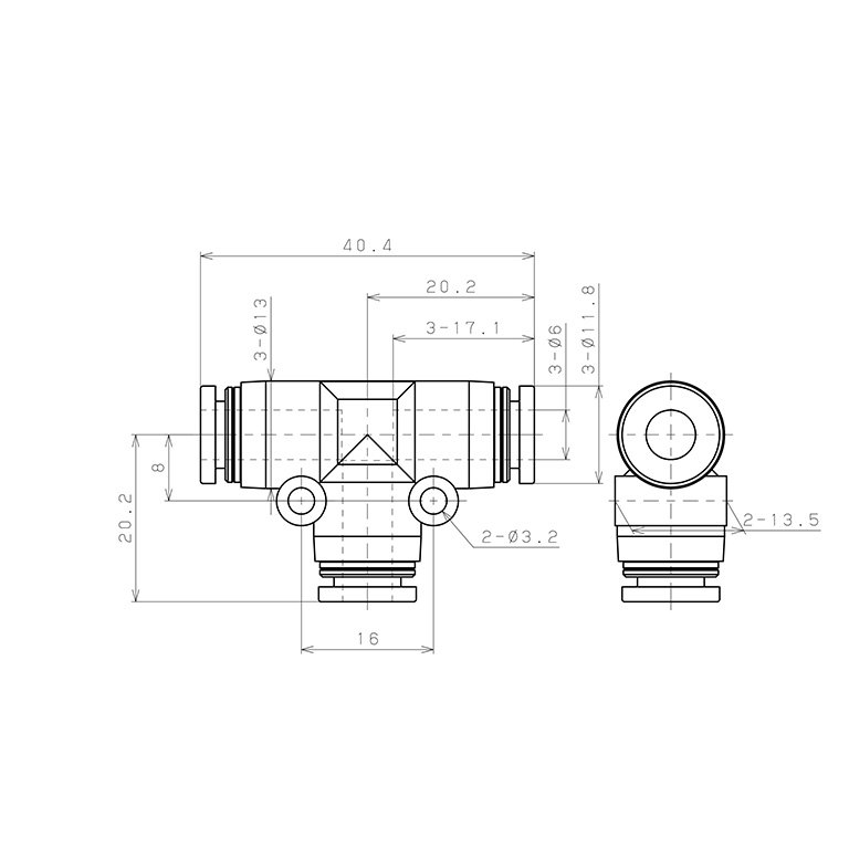 Đầu Nối Nhanh Khí Nén Chữ T Pisco PE6SUS_drawing