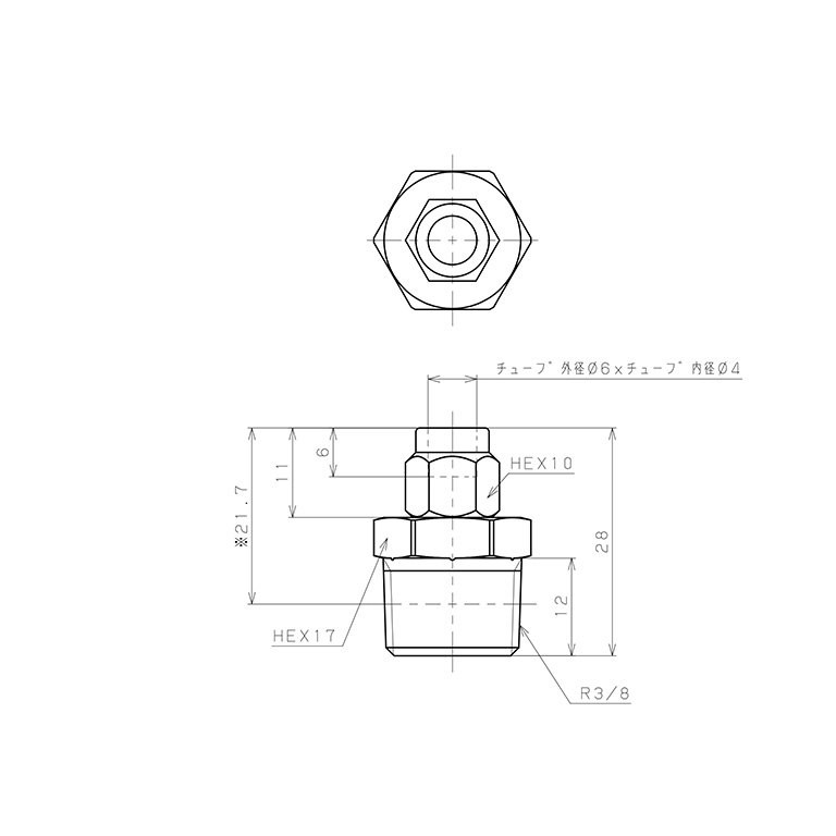 Đầu Ngạnh Nối Ống Có Đai Ốc Xiết Dạng Thẳng Thân Lục Giác Ren Ngoài Pisco NKC0640-03_drawing