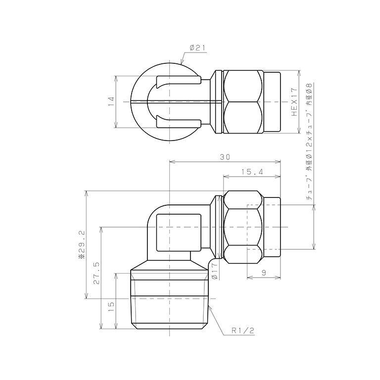 Đầu Ngạnh Nối Ống Có Đai Ốc Xiết Dạng Cong 90° Ren Ngoài Pisco NKL1280-04_drawing