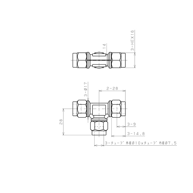 Đầu Ngạnh Nối Ống Có Đai Ốc Xiết Dạng Chữ T Pisco NKE1075_drawing