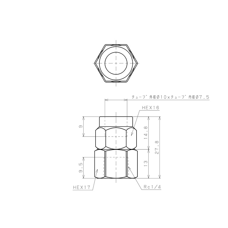 Đầu Ngạnh Nối Ống Có Đai Ốc Xiết Dạng Thẳng Thân Lục Giác Ren Trong Pisco NKCF1075-02_drawing