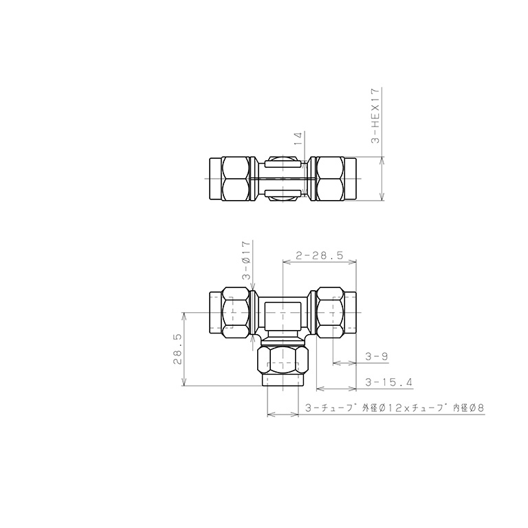 Đầu Ngạnh Nối Ống Có Đai Ốc Xiết Dạng Chữ T Pisco NKE1280_drawing