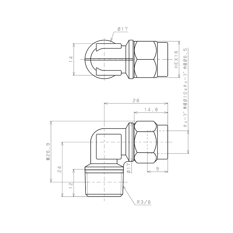 Đầu Ngạnh Nối Ống Có Đai Ốc Xiết Dạng Cong 90° Ren Ngoài Pisco NKL1065-03_drawing