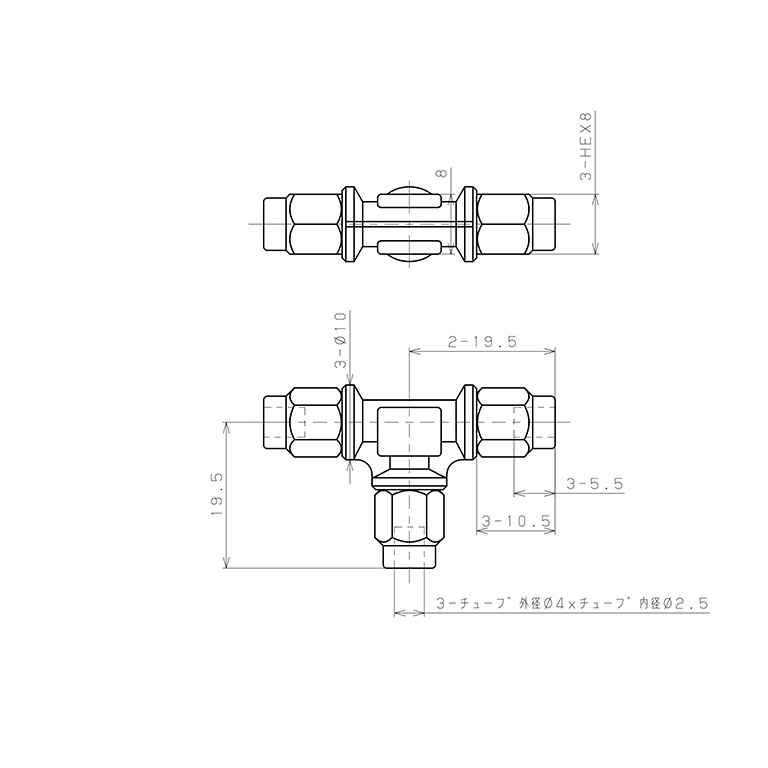 Đầu Ngạnh Nối Ống Có Đai Ốc Xiết Dạng Chữ T Pisco NKE0425_drawing