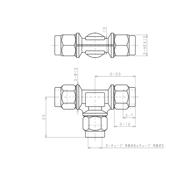 Đầu Ngạnh Nối Ống Có Đai Ốc Xiết Dạng Chữ T Pisco NKE0850_drawing