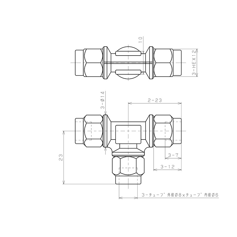 Đầu Ngạnh Nối Ống Có Đai Ốc Xiết Dạng Chữ T Pisco NKE0860_drawing