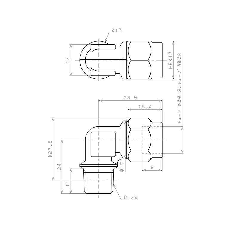 Đầu Ngạnh Nối Ống Có Đai Ốc Xiết Dạng Cong 90° Ren Ngoài Pisco NKL1280-02_drawing