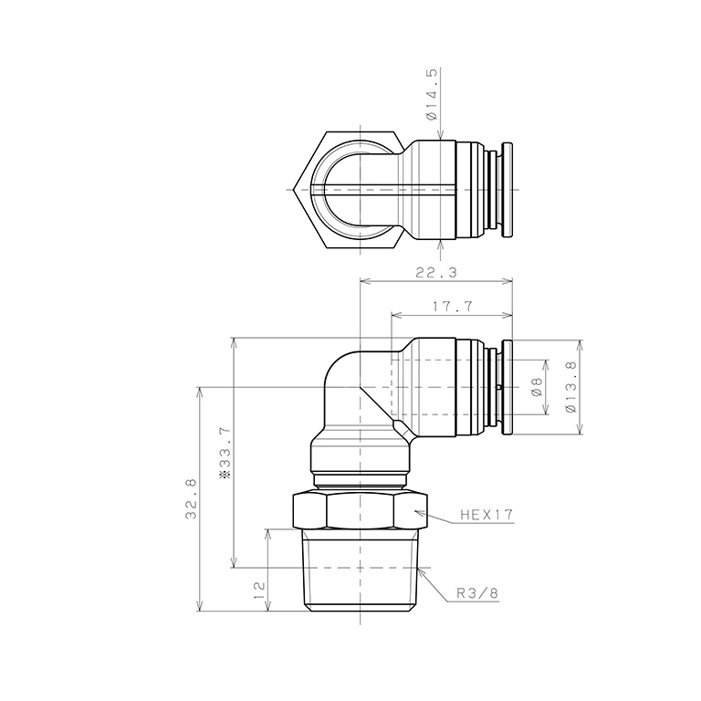 Đầu Nối Nhanh Khí Nén Dạng Cong 90° Ren Ngoài Pisco KL8-03-1-F_drawing