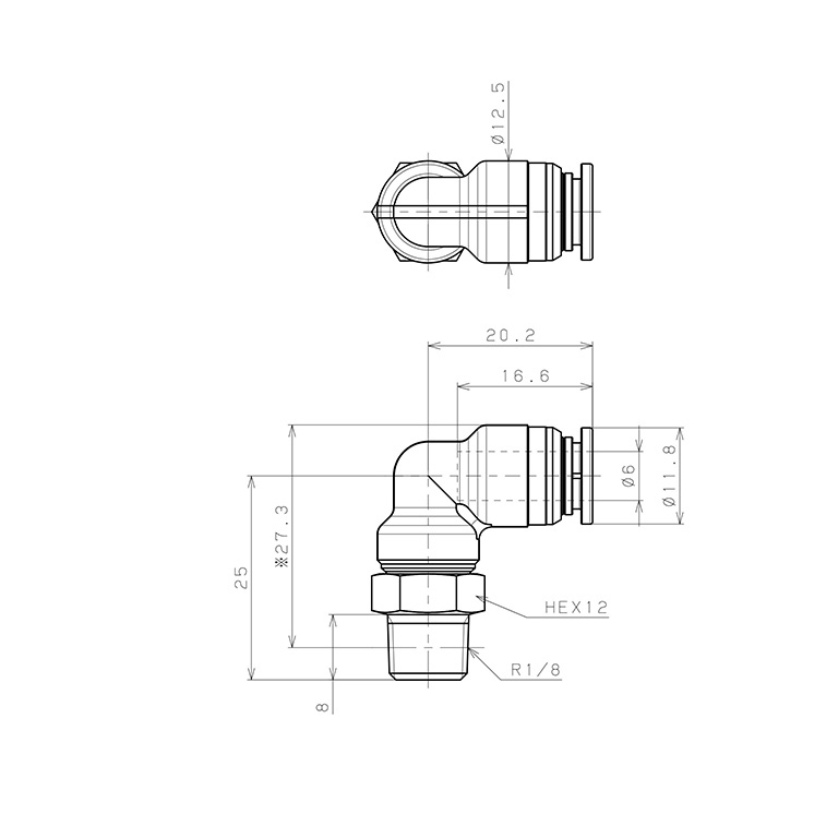 Đầu Nối Nhanh Khí Nén Dạng Cong 90° Ren Ngoài Pisco KL6-01-1-F_drawing