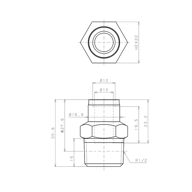 Đầu Nối Nhanh Khí Nén Dạng Thẳng Thân Lục Giác Ren Ngoài Pisco KC10-04_drawing