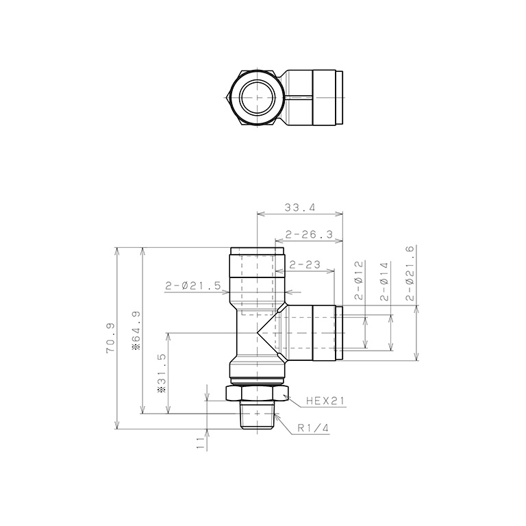 Đầu Nối Nhanh Khí Nén Dạng Chữ T Ren Ngoài Pisco KD12-02-F_drawing