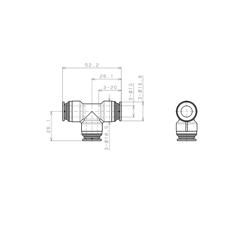 Đầu Nối Nhanh Khí Nén Chữ T Pisco KE10-1_drawing