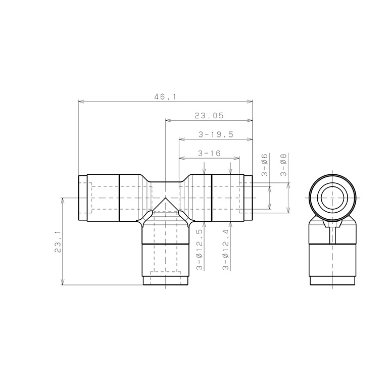 Đầu Nối Nhanh Khí Nén Chữ T Pisco KE6_drawing