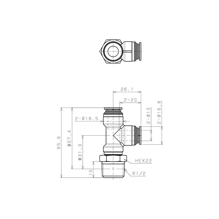 Đầu Nối Nhanh Khí Nén Dạng Chữ T Ren Ngoài Pisco KD10-04-1_drawing