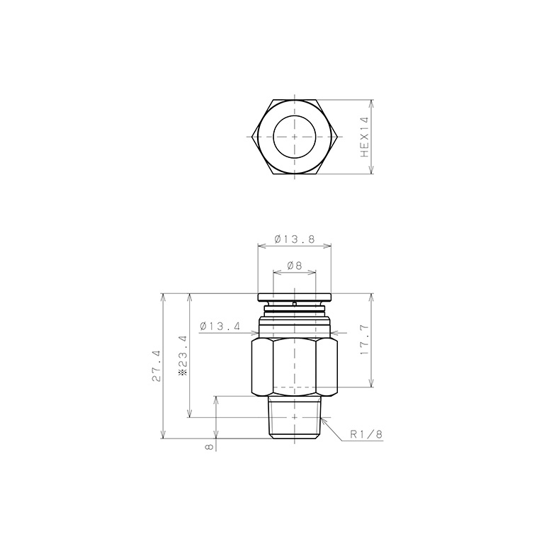 Đầu Nối Nhanh Khí Nén Dạng Thẳng Thân Lục Giác Ren Ngoài Pisco KC8-01-1-F_drawing