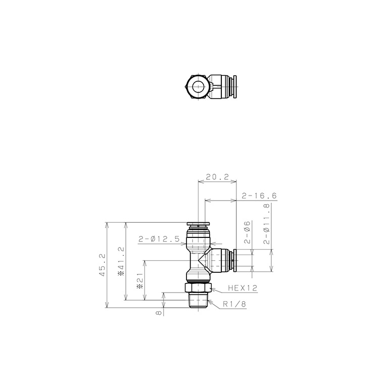 Đầu Nối Nhanh Khí Nén Dạng Chữ T Ren Ngoài Pisco KD6-01-1-F_drawing