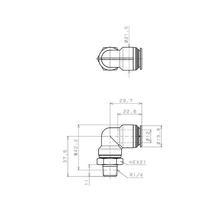 Đầu Nối Nhanh Khí Nén Dạng Cong 90° Ren Ngoài Pisco KL12-02-1_drawing