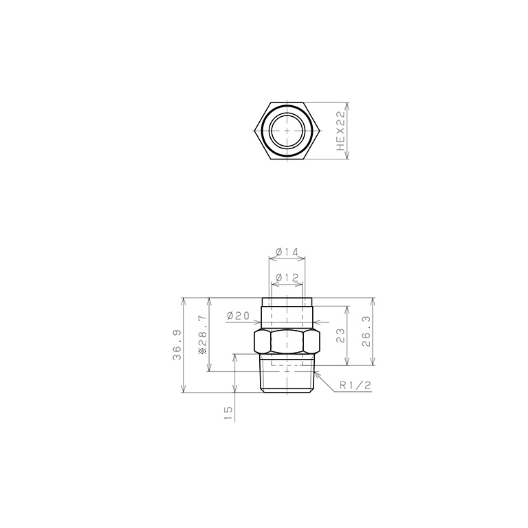 Đầu Nối Nhanh Khí Nén Dạng Thẳng Thân Lục Giác Ren Ngoài Pisco KC12-04_drawing