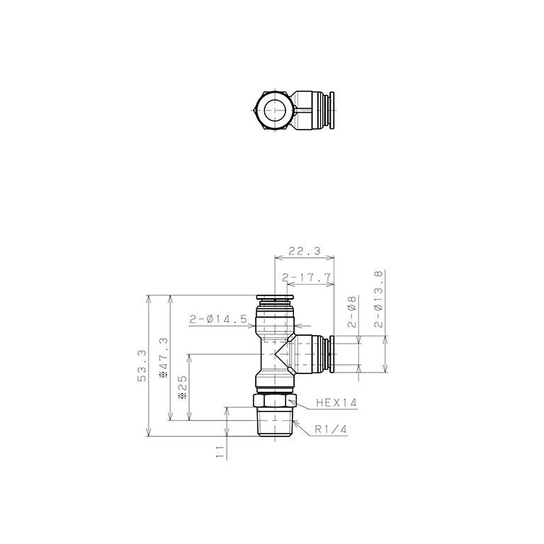 Đầu Nối Nhanh Khí Nén Dạng Chữ T Ren Ngoài Pisco KD8-02-1_drawing