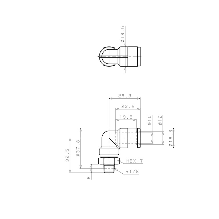 Đầu Nối Nhanh Khí Nén Cong 90° OD 10mm Ren Ngoài R1/2 Pisco KL10-04_drawing