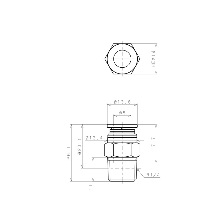 Đầu Nối Nhanh Khí Nén Dạng Thẳng Thân Lục Giác Ren Ngoài Pisco KC8-02-1-F_drawing