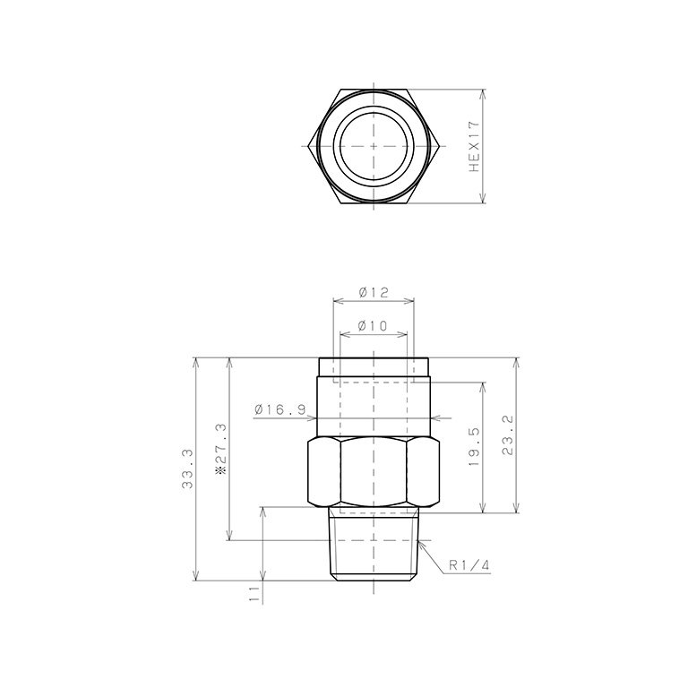 Đầu Nối Nhanh Khí Nén Dạng Thẳng Thân Lục Giác Ren Ngoài Pisco KC10-02_drawing