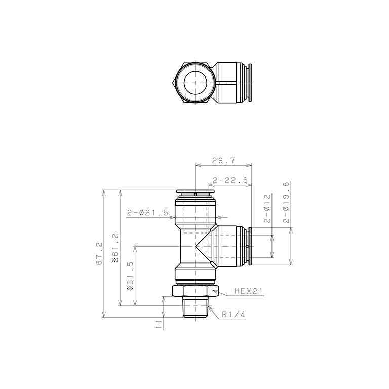 Đầu Nối Nhanh Khí Nén Dạng Chữ T Ren Ngoài Pisco KD12-02-1_drawing