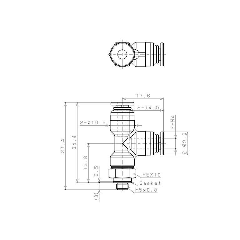 Đầu Nối Nhanh Khí Nén Dạng Chữ T Ren Ngoài Pisco KD4-M5-1-F_drawing