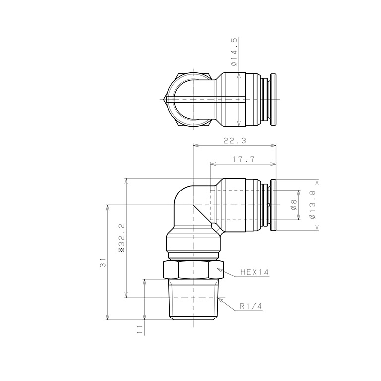 Đầu Nối Nhanh Khí Nén Dạng Cong 90° Ren Ngoài Pisco KL8-02-1_drawing