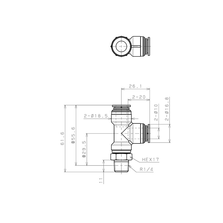 Đầu Nối Nhanh Khí Nén Dạng Chữ T Ren Ngoài Pisco KD10-02-1_drawing