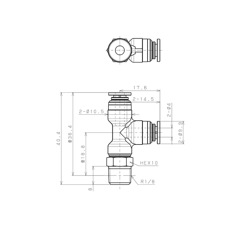 Đầu Nối Nhanh Khí Nén Dạng Chữ T Ren Ngoài Pisco KD4-01-1-F_drawing