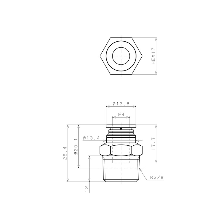 Đầu Nối Nhanh Khí Nén Dạng Thẳng Thân Lục Giác Ren Ngoài Pisco KC8-03-1-F_drawing