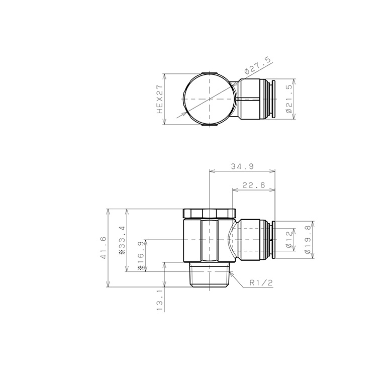 Đầu Nối Nhanh Khí Nén Cong 90° Đầu Lục Giác Trụ Ren Ngoài Pisco KH8-01-1_drawing