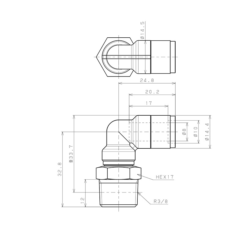 Đầu Nối Nhanh Khí Nén Dạng Cong 90° Ren Ngoài Pisco KL8-03-F_drawing