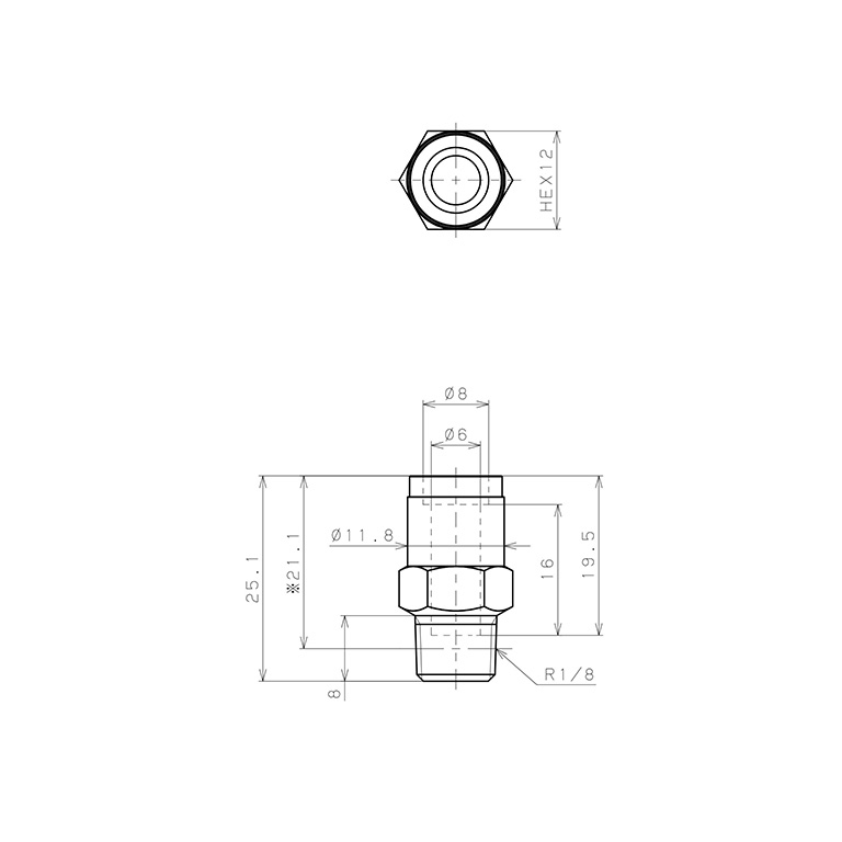 Đầu Nối Nhanh Khí Nén Dạng Thẳng Thân Lục Giác Ren Ngoài Pisco KC6-01_drawing