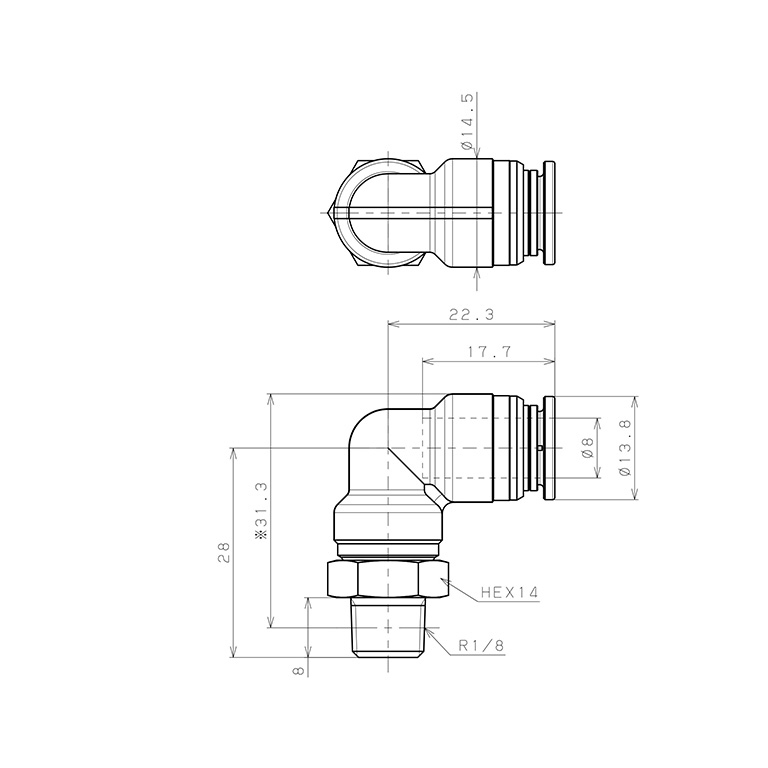 Đầu Nối Nhanh Khí Nén Dạng Cong 90° Ren Ngoài Pisco KL8-01-1-F_drawing